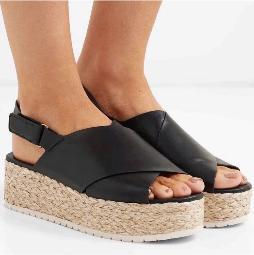 Vince Black Leather Espadrille Platform Sandals size 9